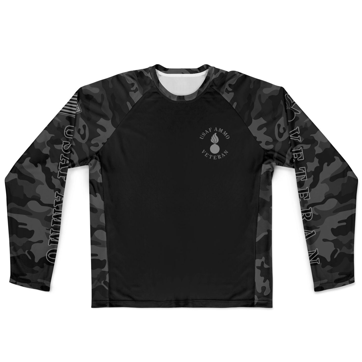 USAF AMMO Veteran Dark Grey and Black Camouflage Men's Long Sleeve Performance Shirt - All Over Print