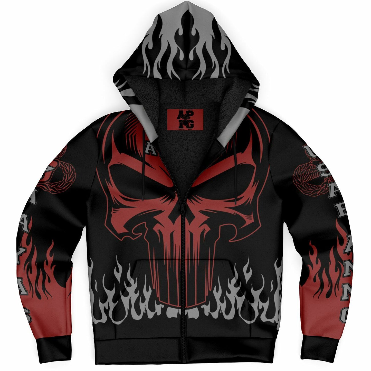 AMMO Skull Flames Black Red Grey Microfleece Cold Weather Zip-Up Hoodie - All Over Print