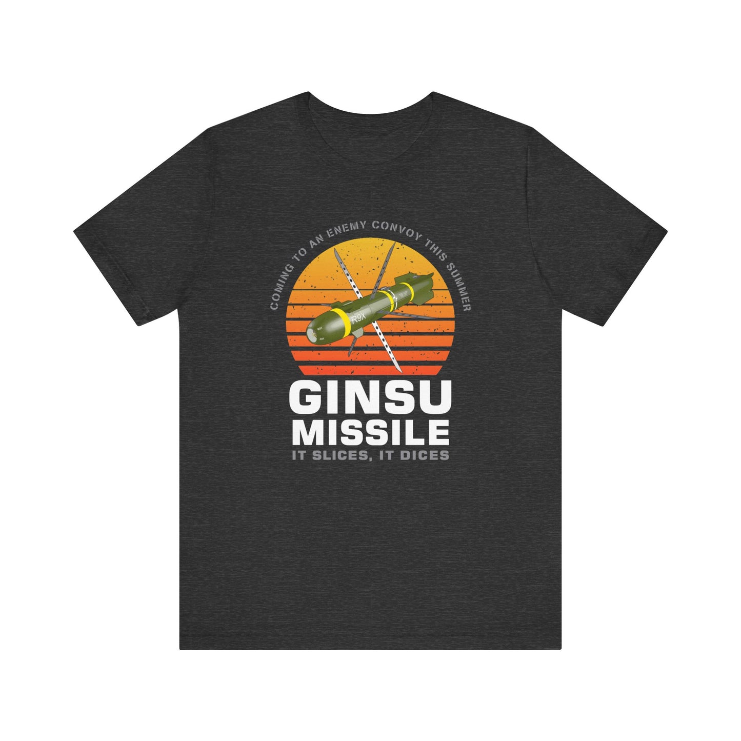 Ginsu Missile It Slices It Dices AGM-114 R9X Hellfire Sunset Unisex Jersey Short Sleeve Tee