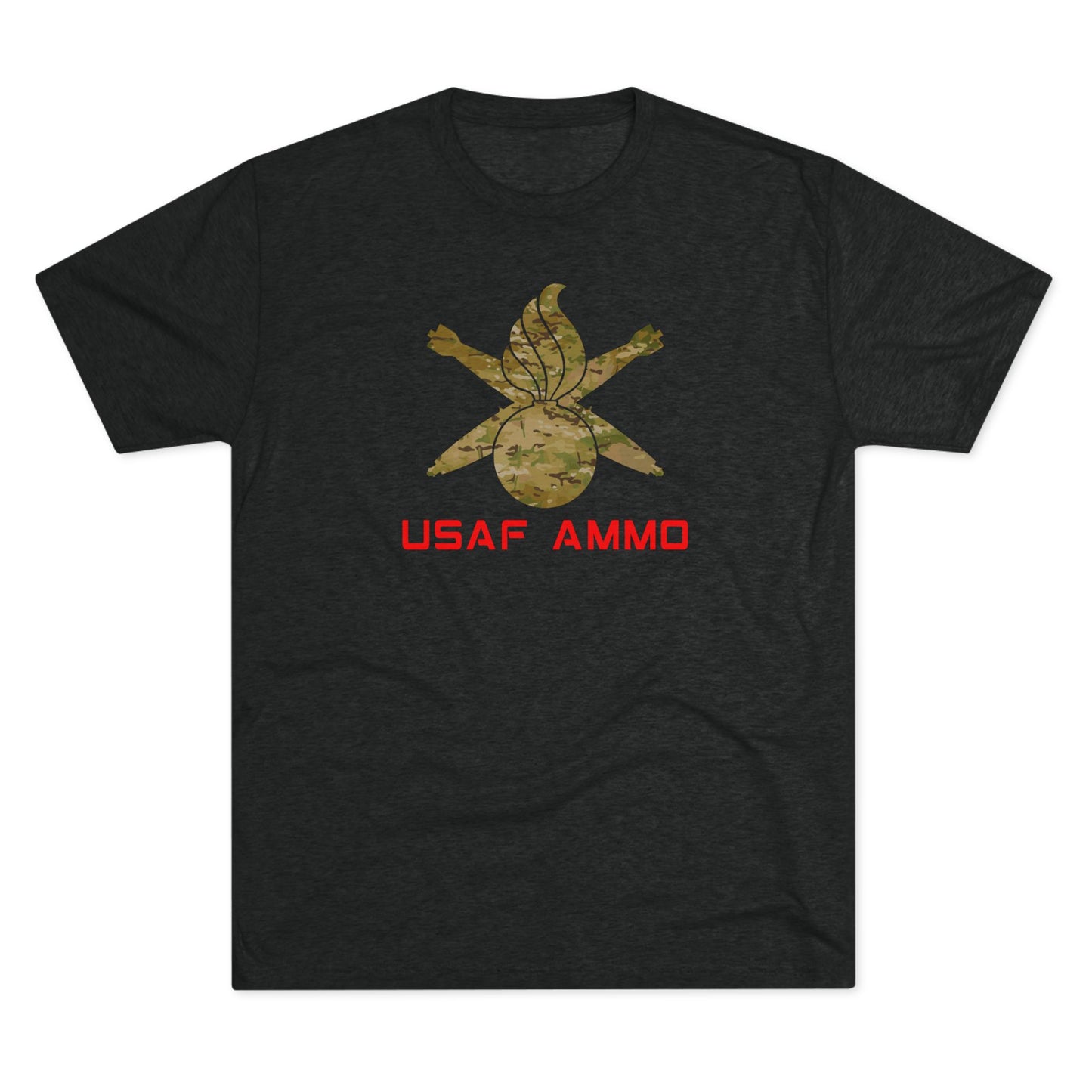 OCP Camouflage Pisspot Combined With Crossed MK-82 Bombs and Red USAF AMMO Letters Unisex Tri-Blend Crew Tee