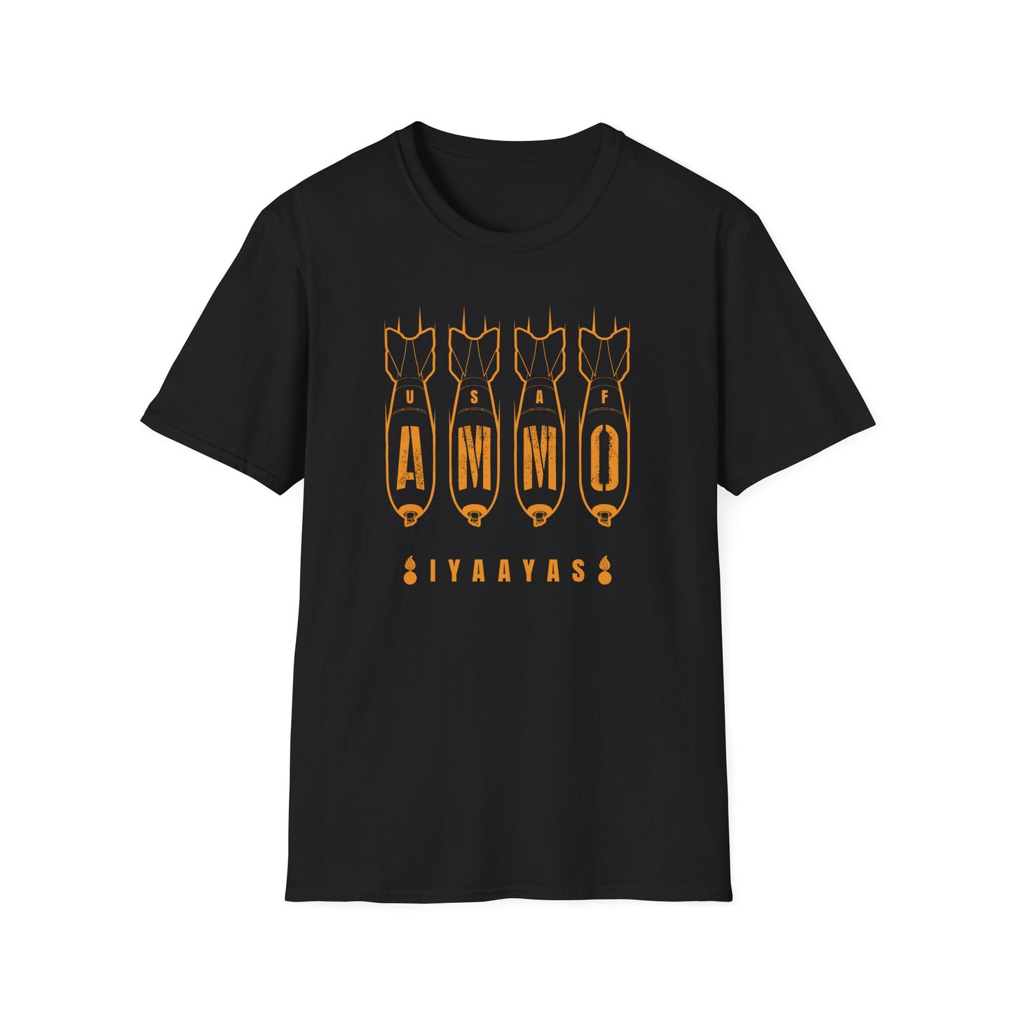 Four Bombs Dropping Spelling USAF AMMO with IYAAYAS and Two Pisspots at the Bottom Unisex Softstyle T-Shirt