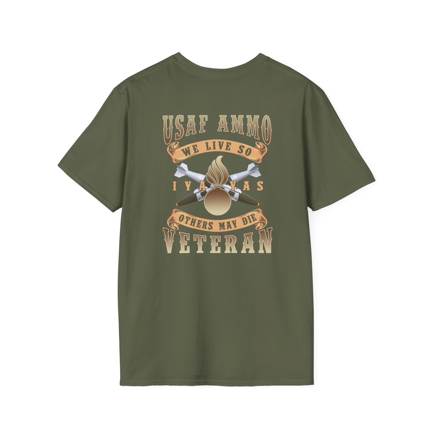 USAF AMMO We Live So Others May Die Crossed JDAMs IYAAYAS Pisspot Vintage Scroll Banners Back and Front Design Version Unisex Softstyle T-Shirt