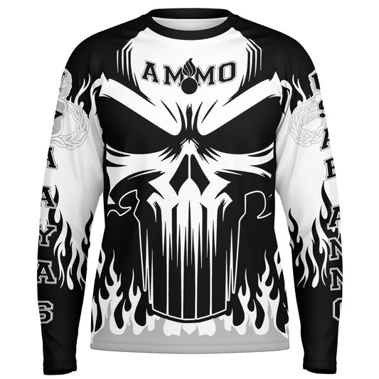 AMMO Skull Flames Black White Grey Men's Long Sleeve Performance Shirt - All Over Print