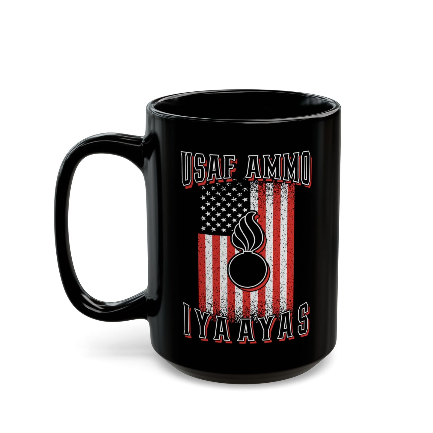 USAF AMMO IYAAYAS Pisspot Red White and Black Grunge Vertical American Flag Black Mug (11oz, 15oz)