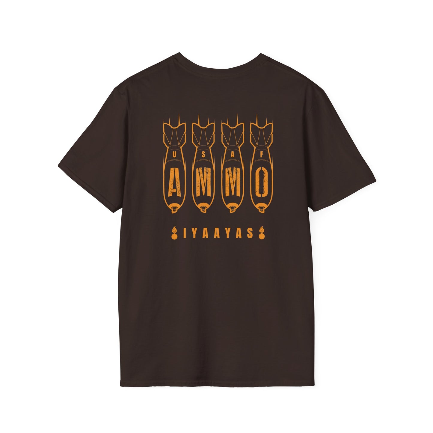 Four Bombs Dropping Spelling USAF AMMO with IYAAYAS and Two Pisspots at the Bottom Back and Front Design Version Unisex Softstyle T-Shirt