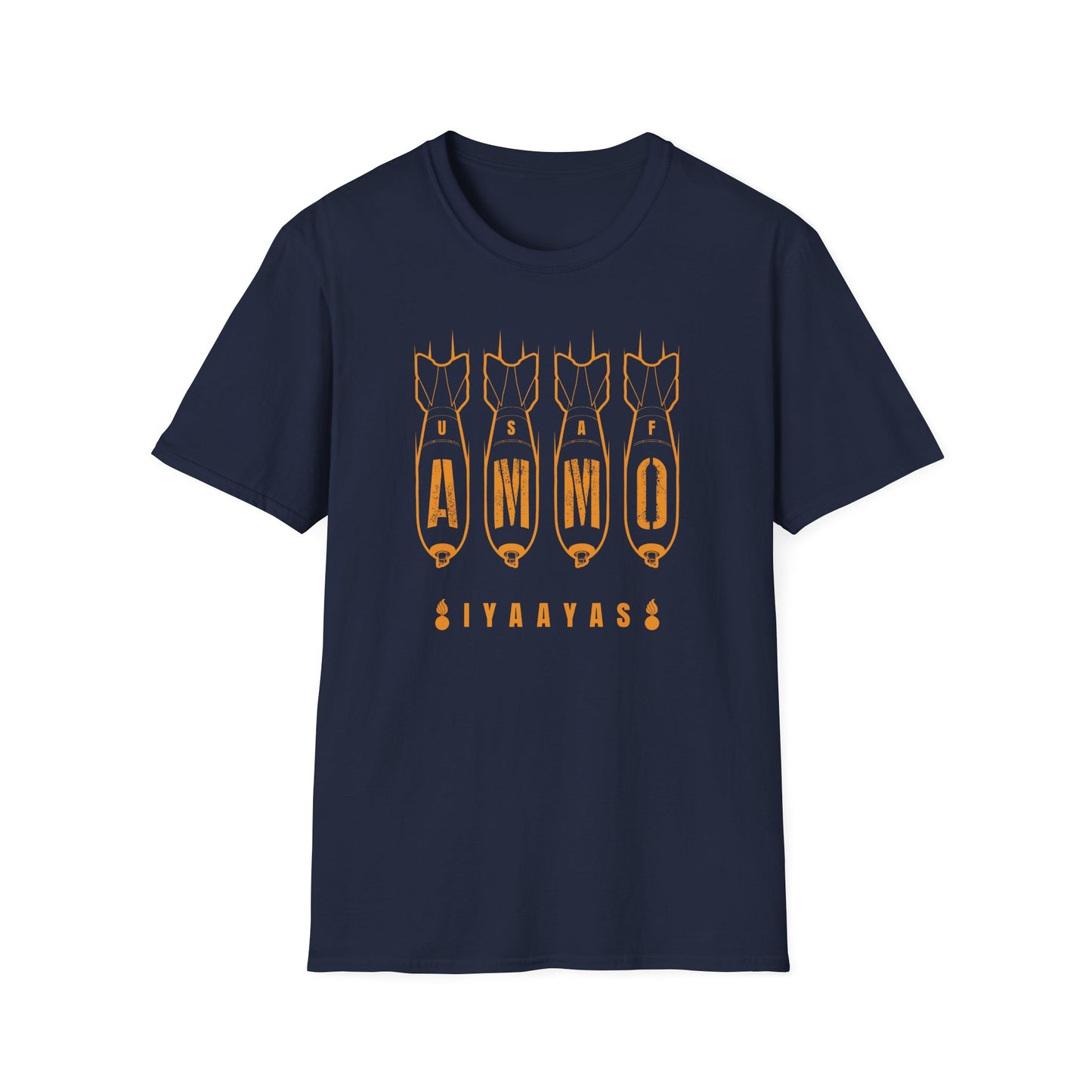 Four Bombs Dropping Spelling USAF AMMO with IYAAYAS and Two Pisspots at the Bottom Unisex Softstyle T-Shirt
