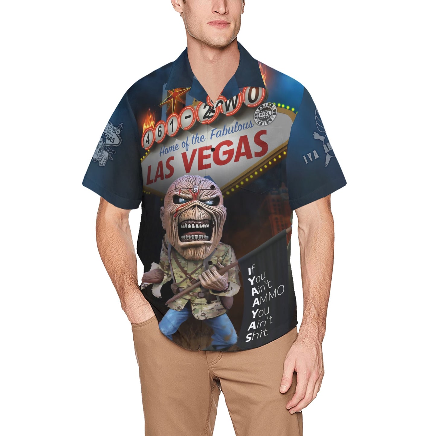 USAF AMMO Las Vegas Eddie Holding Black IYAAYAS Acronym Flag Vegas Sign Hawaiian Shirt With Left Chest Pocket