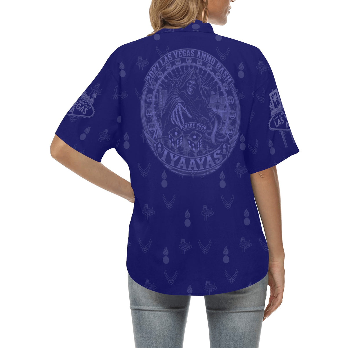 2027 AMMO Bash Las Vegas Grim Reaper Snake Eyes Navy Blue Subdued Color Logos Women’s Hawaiian Shirt with No Pocket