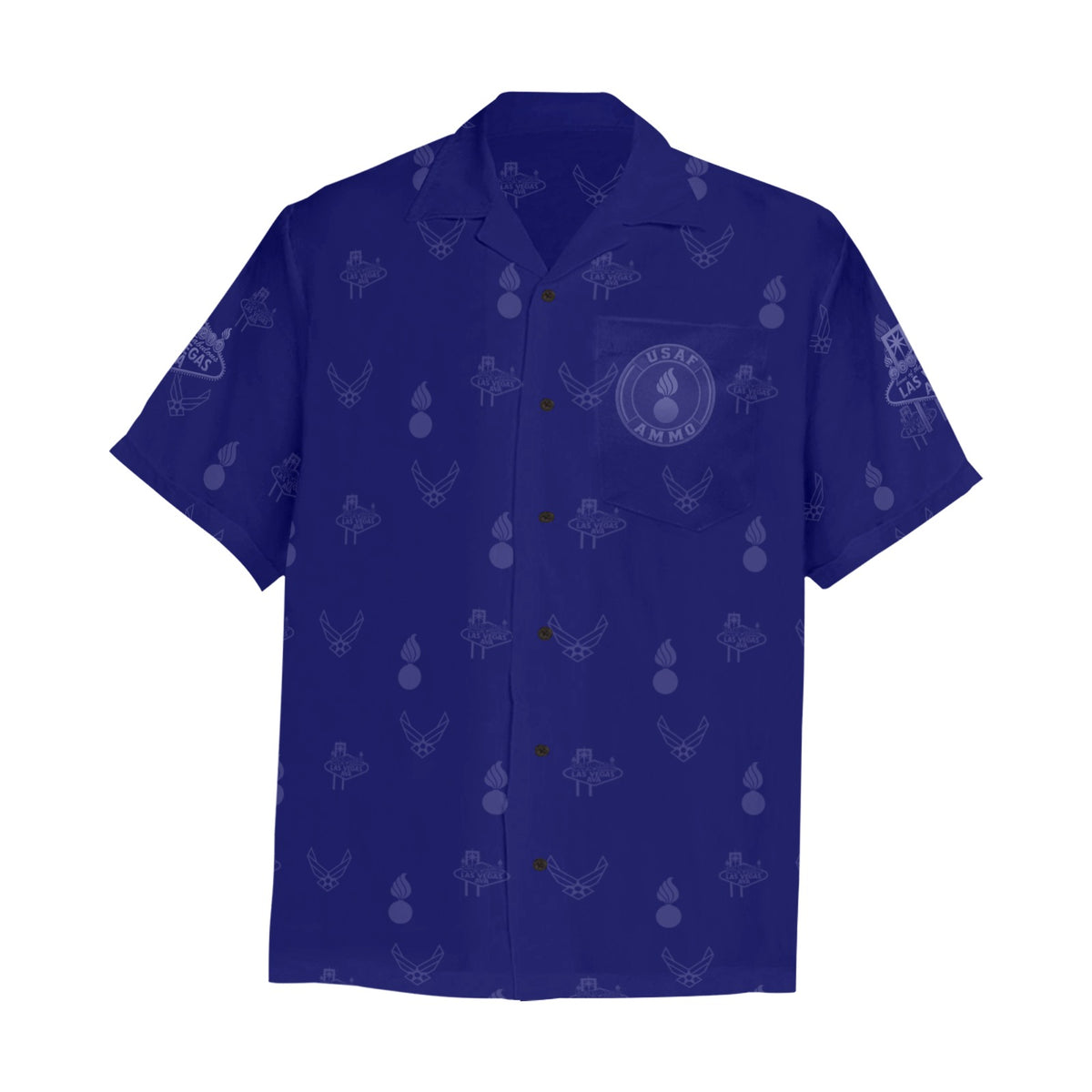 2027 AMMO Bash Las Vegas Grim Reaper Snake Eyes Navy Blue Subdued Color Logos Men’s Hawaiian Shirt with Left Chest Pocket