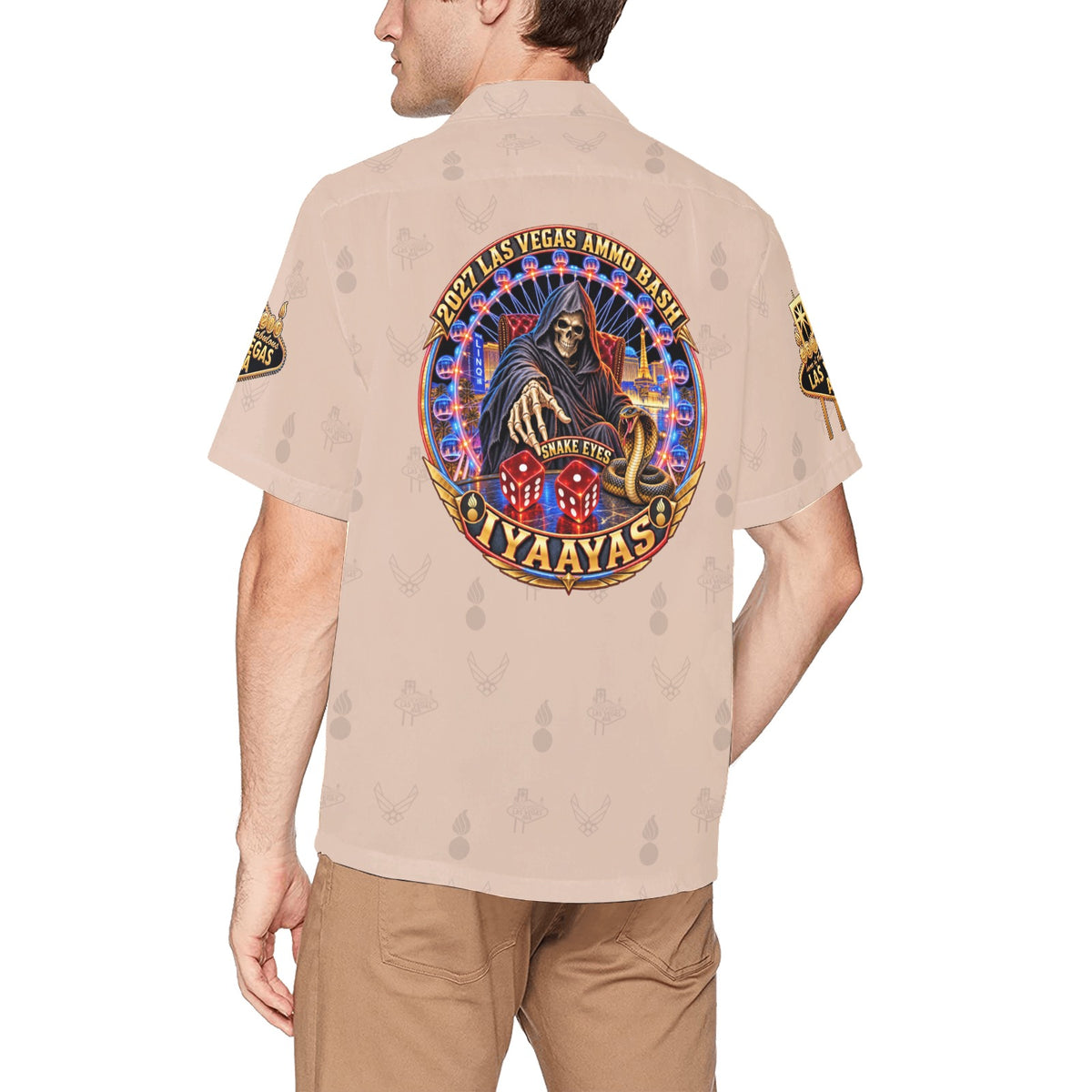 2027 AMMO Bash Las Vegas Grim Reaper Snake Eyes Sand Full Color Logos Men’s Hawaiian Shirt with Left Chest Pocket