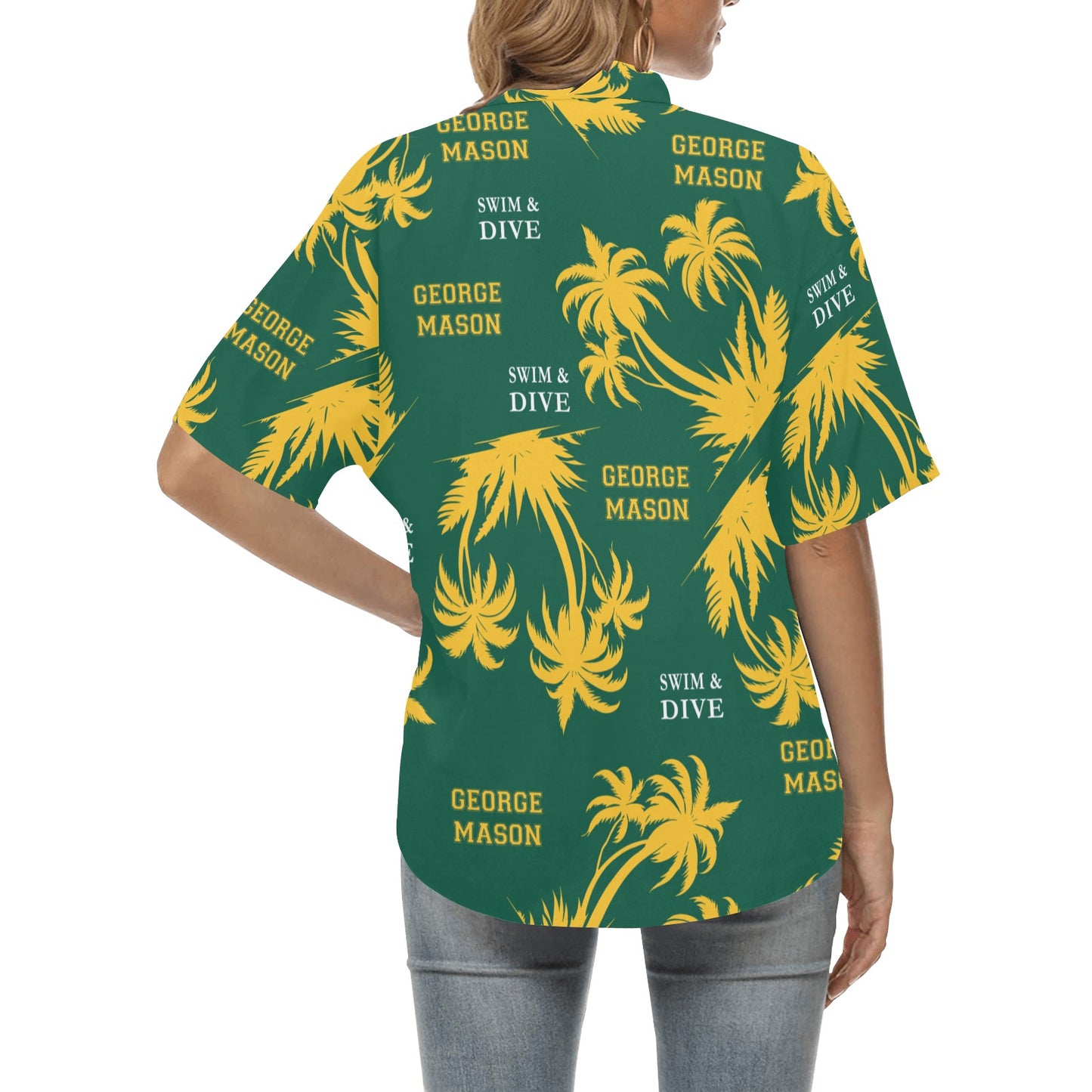 Green and Yellow George Mason Swim and Dive Team Fan Womens Hawaiian Shirt