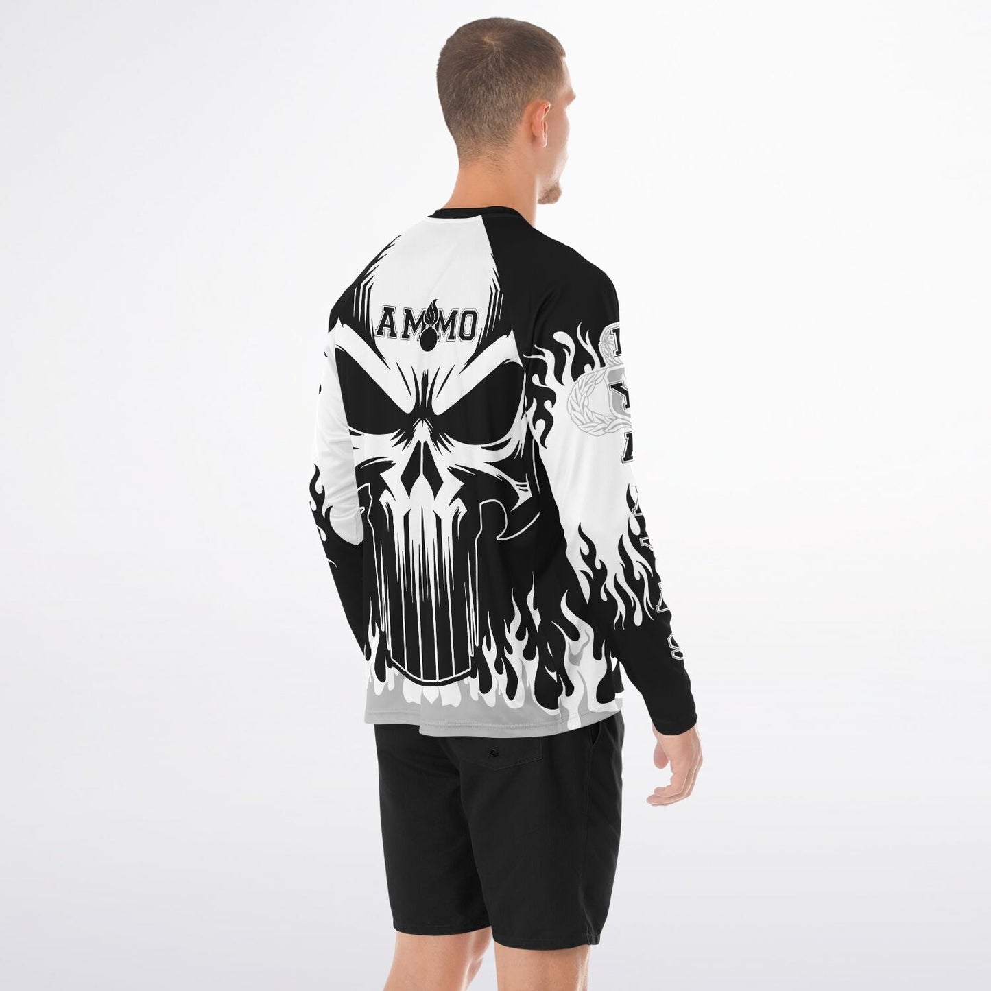 AMMO Skull Flames Black White Grey Men's Long Sleeve Performance Shirt - All Over Print