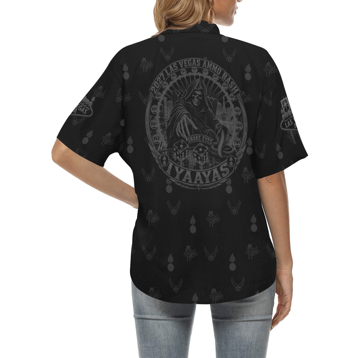 2027 AMMO Bash Las Vegas Grim Reaper Snake Eyes Black Subdued Color Logos Women’s Hawaiian Shirt with No Pocket