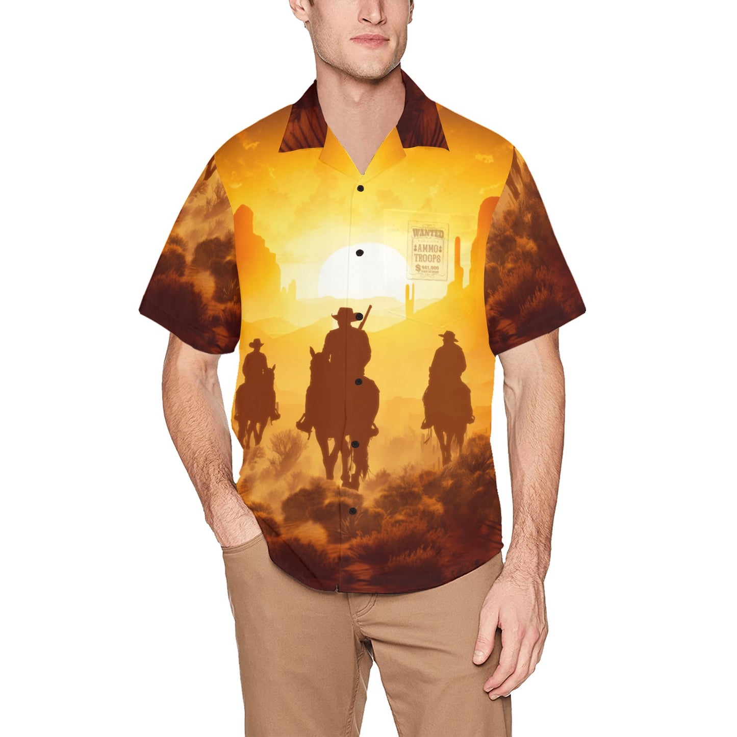 USAF AMMO Troops Cowboys Riding Into Southwest Sunset With Wanted Poster Mens Hawaiian Shirt With Left Chest Pocket