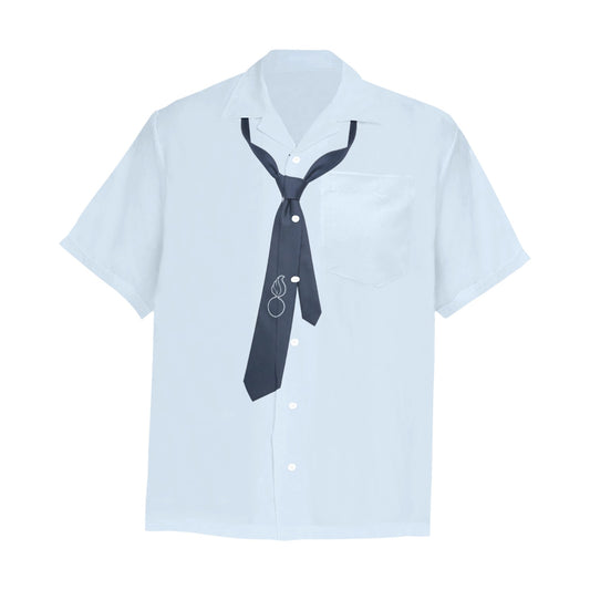 Blues Colored Shirt With Dark Blue Crooked Loosened Tie with Pisspot On It Hawaiian Shirt With Left Chest Pocket