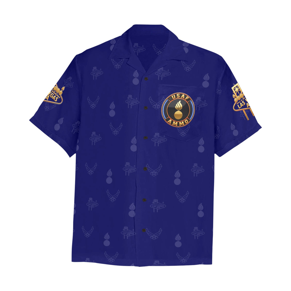 2027 AMMO Bash Las Vegas Grim Reaper Snake Eyes Navy Blue Full Color Logos Men’s Hawaiian Shirt with Left Chest Pocket
