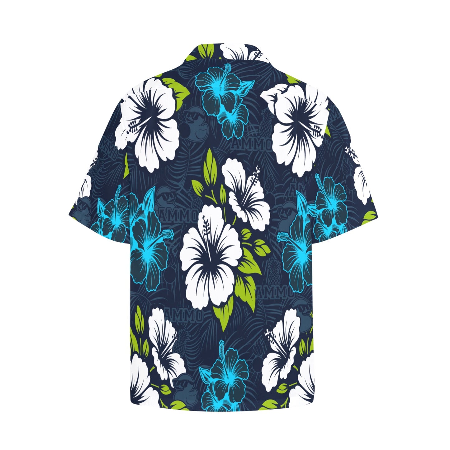 Deep Blue With Bright Flowers Pisspots AMMO Pineapples and Rubber Duckies Hawaiian Shirt With Left Chest Pocket