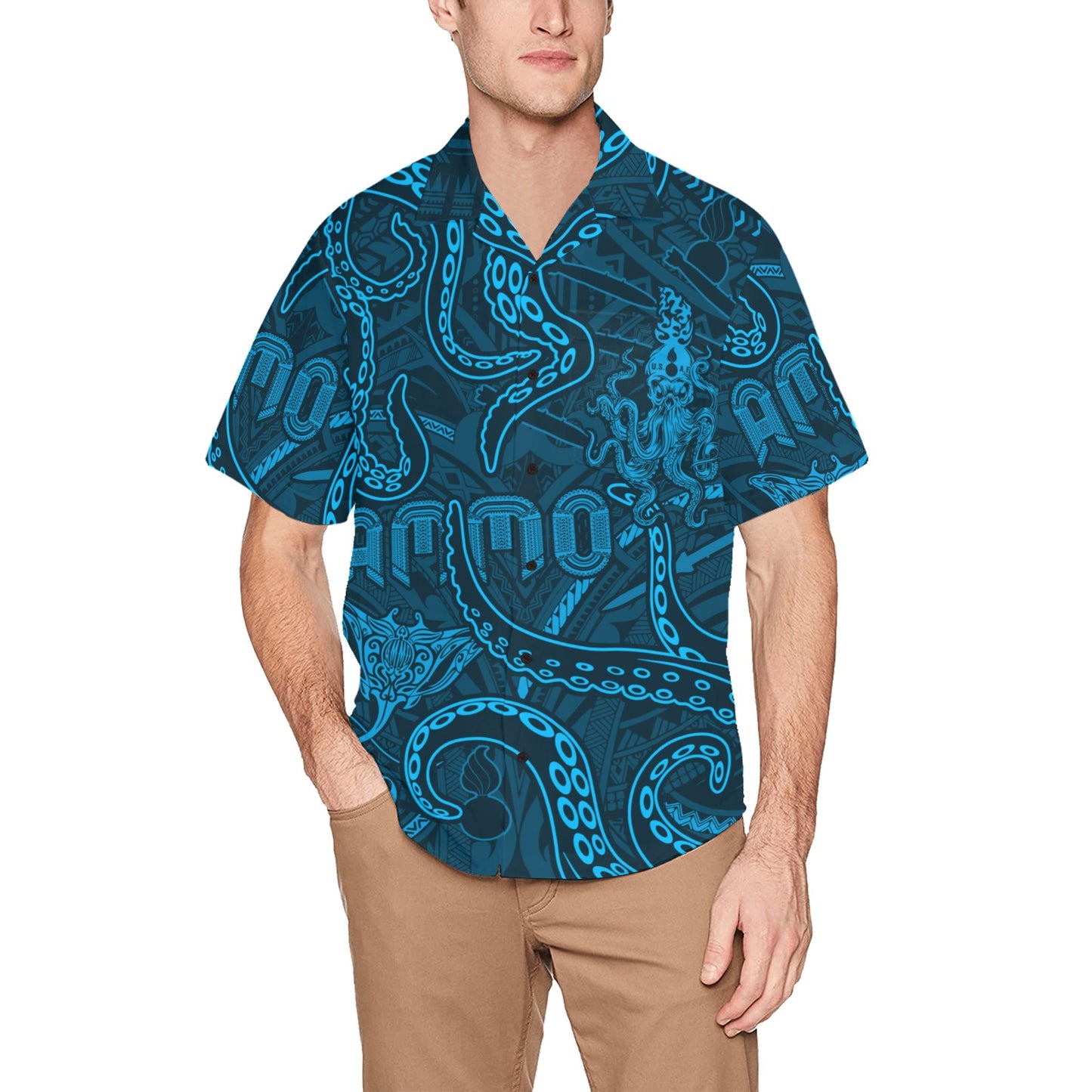 Aqua Blue Sea Life Mens Hawaiian Shirt With Left Chest Pocket