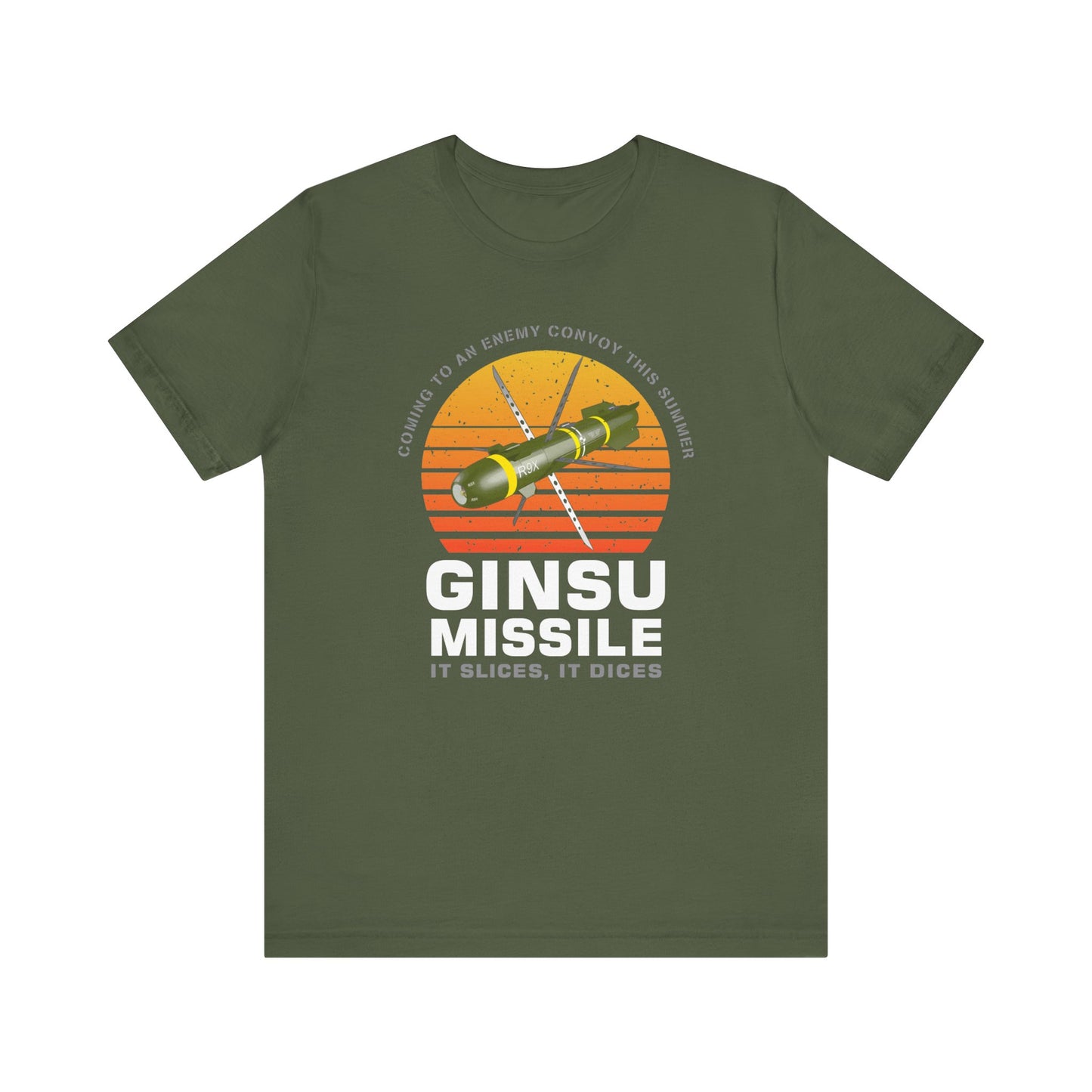 Ginsu Missile It Slices It Dices AGM-114 R9X Hellfire Sunset Unisex Jersey Short Sleeve Tee