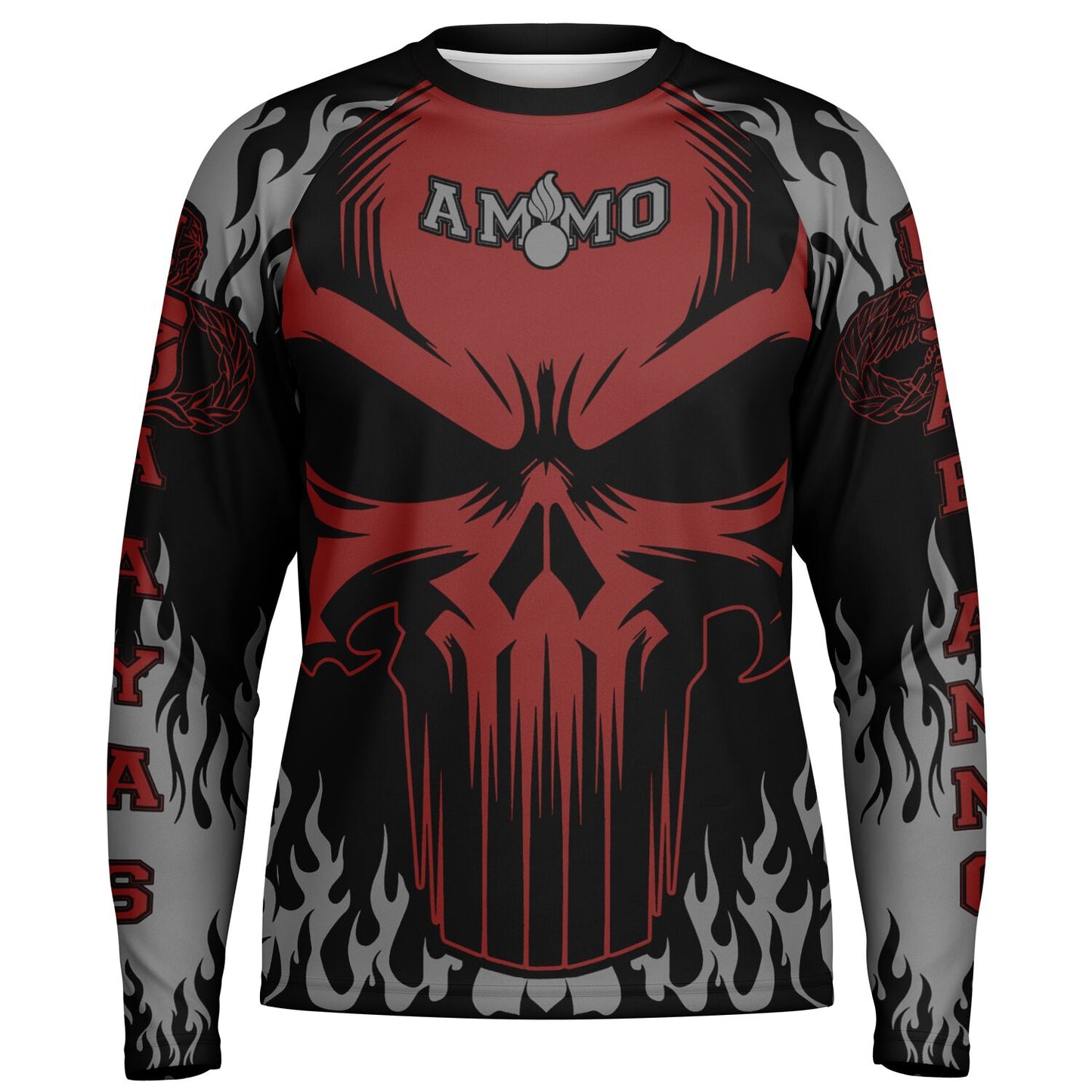 AMMO Skull Flames Black Red Grey Men's Long Sleeve Performance Shirt - All Over Print
