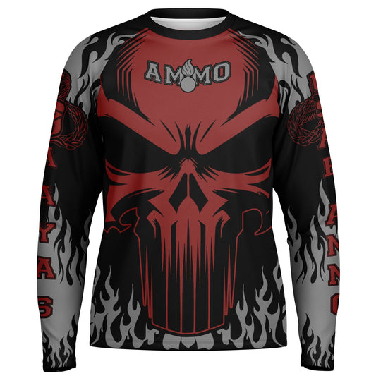AMMO Skull Flames Black Red Grey Men's Long Sleeve Performance Shirt - All Over Print