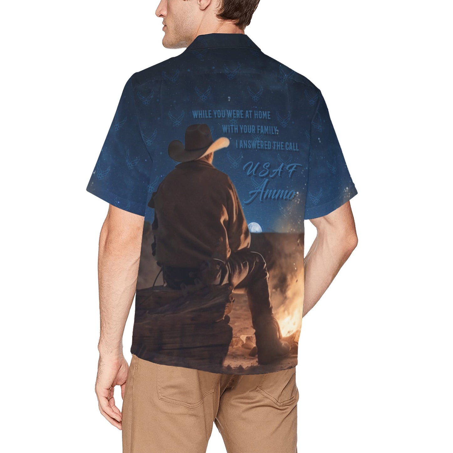 USAF AMMO Cowboy Campfire Moon Star Filled Night Sky I Answered The Call Mens Hawaiian Shirt With Left Chest Pocket