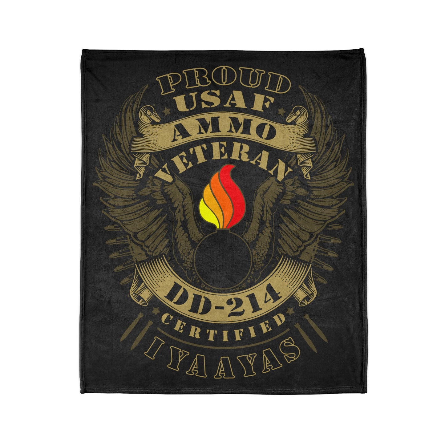 Proud USAF AMMO Veteran DD-214 Certified IYAAYAS Pisspot Eagle Wings Vintage Scroll Ribbons Bomb Silhouettes Soft Polyester 50" X 60" Blanket