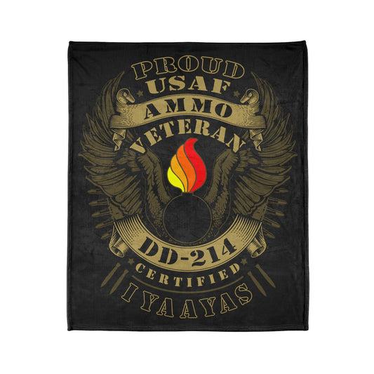 Proud USAF AMMO Veteran DD-214 Certified IYAAYAS Pisspot Eagle Wings Vintage Scroll Ribbons Bomb Silhouettes Soft Polyester 50" X 60" Blanket