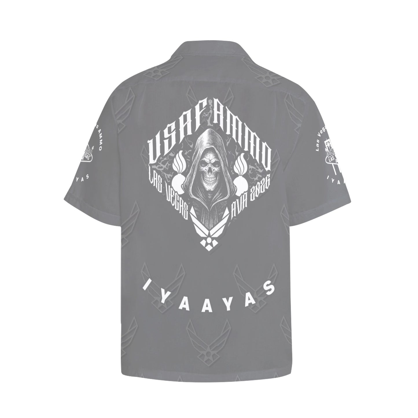 USAF AMMO Grim Reaper 2026 Las Vegas AVA Pisspots IYAAYAS Mens Grey V3 Event Hawaiian Shirt with Front Left Chest Pocket