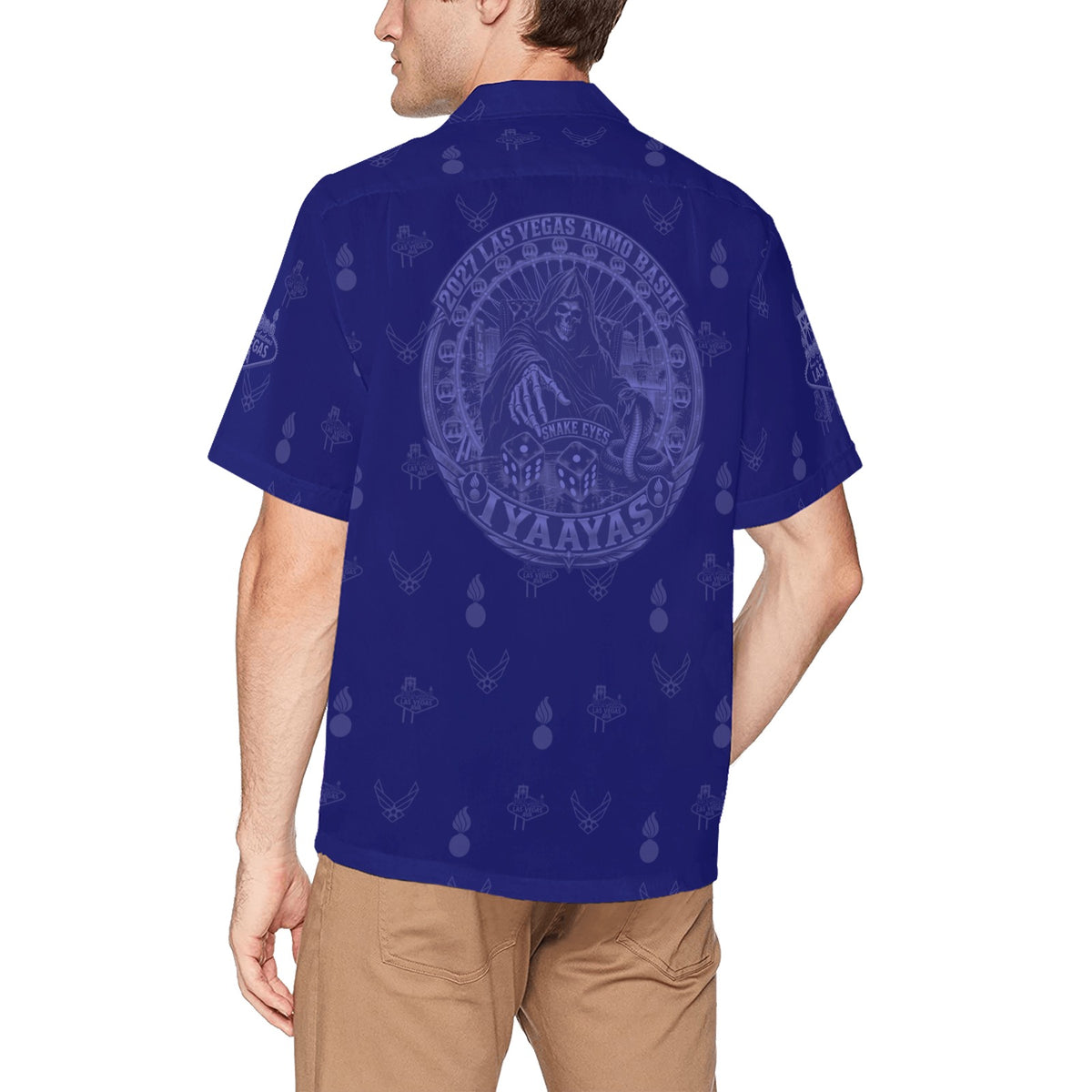 2027 AMMO Bash Las Vegas Grim Reaper Snake Eyes Navy Blue Subdued Color Logos Men’s Hawaiian Shirt with Left Chest Pocket