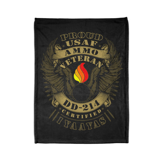 Proud USAF AMMO Veteran DD-214 Certified IYAAYAS Pisspot Eagle Wings Vintage Scroll Ribbons Bomb Silhouettes Soft Polyester 30" X 40" Blanket