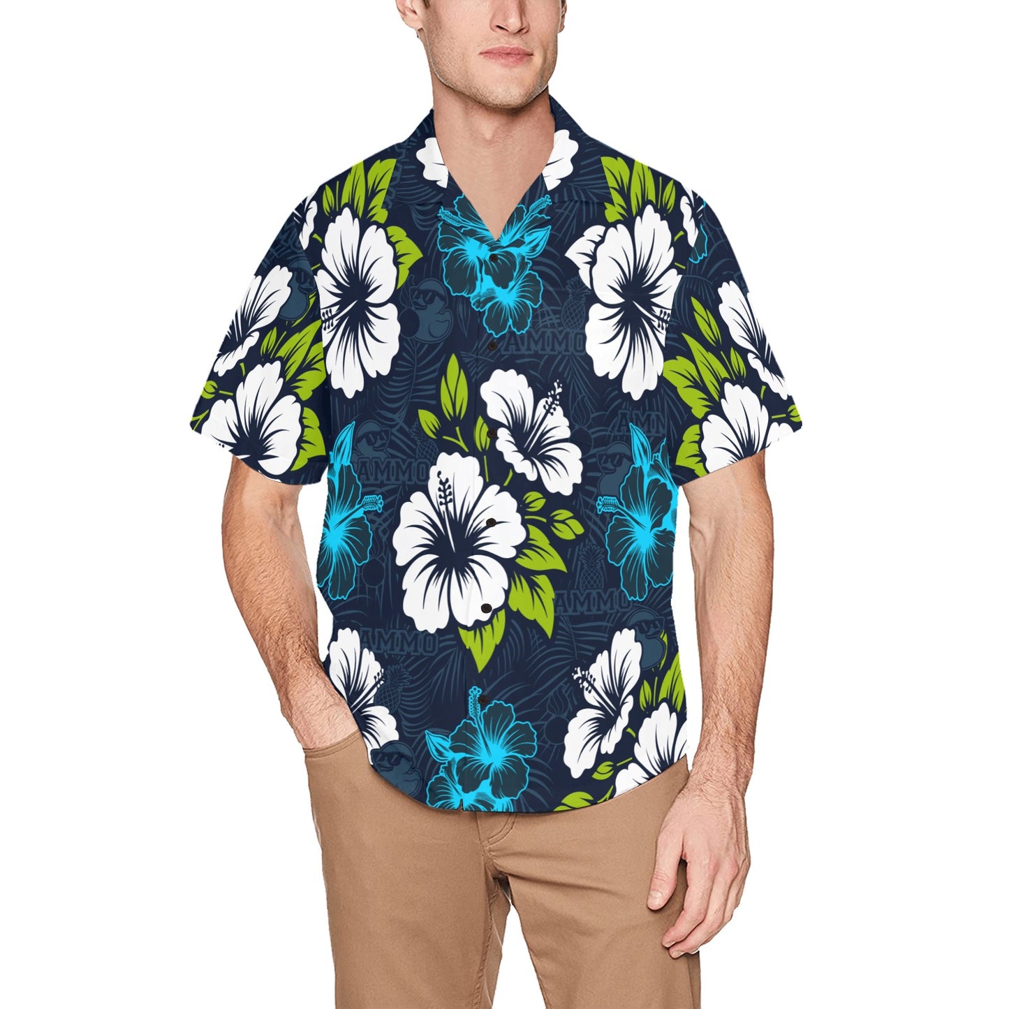 Deep Blue With Bright Flowers Pisspots AMMO Pineapples and Rubber Duckies Hawaiian Shirt With Left Chest Pocket