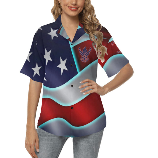 USAF AMMO Veteran American Flag Shiny Chrome Appearance Womens Hawaiian Shirt