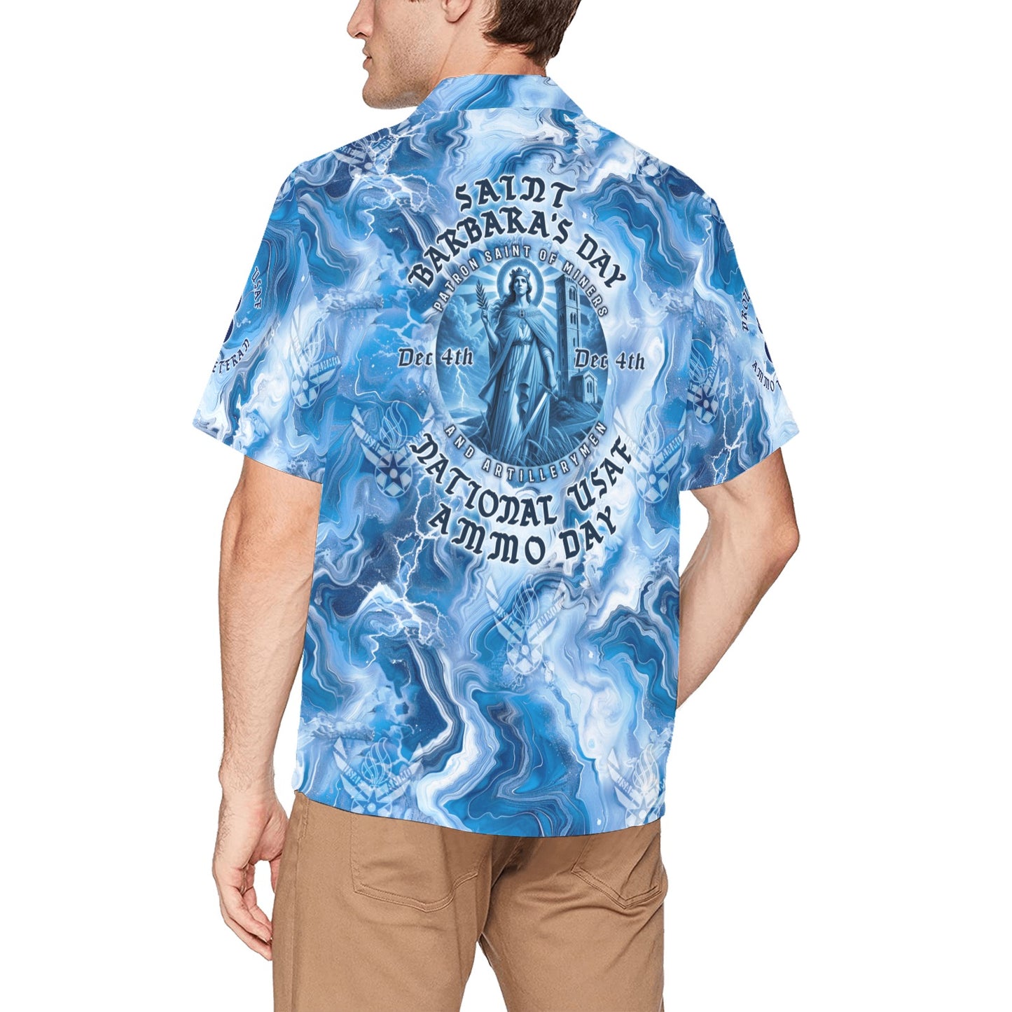 National USAF AMMO and Saint Barbara's Day December 4th Mens Marble Blue Hawaiian Shirt With Left Chest Pocket