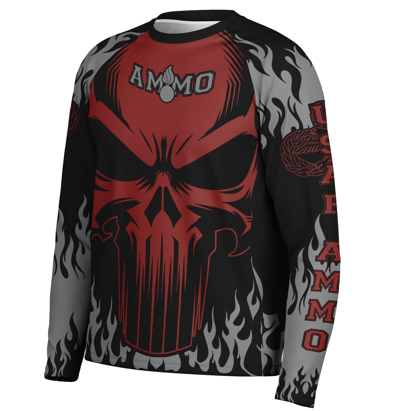 AMMO Skull Flames Black Red Grey Men's Long Sleeve Performance Shirt - All Over Print