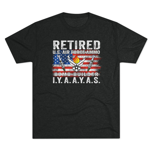 Retired USAF AMMO Bomb Builder IYAAYAS Grunge Denim American Flag AF Vector Pisspot Combined JDAMS Unisex Tri-Blend Crew Tee