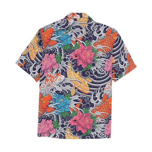 Koi Fish Flowers And Water Splashing Tattoo With Pissspots Mens AMMO Hawaiian Shirt With Front Left Pocket