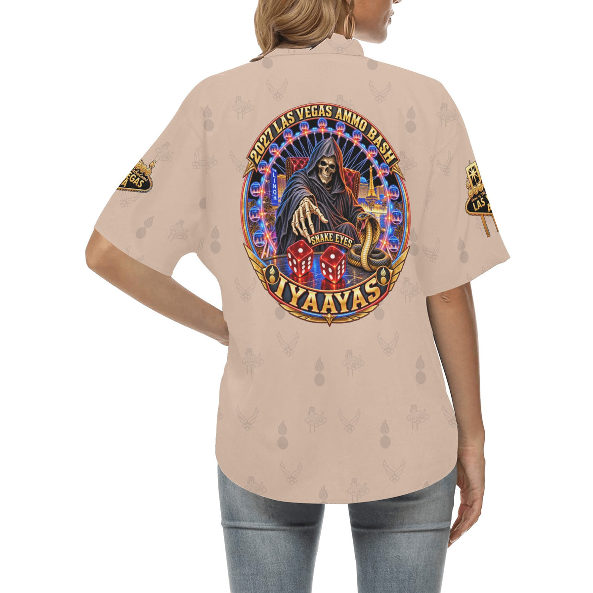 2027 AMMO Bash Las Vegas Grim Reaper Snake Eyes Sand Full Color Logos Women’s Hawaiian Shirt with No Pocket
