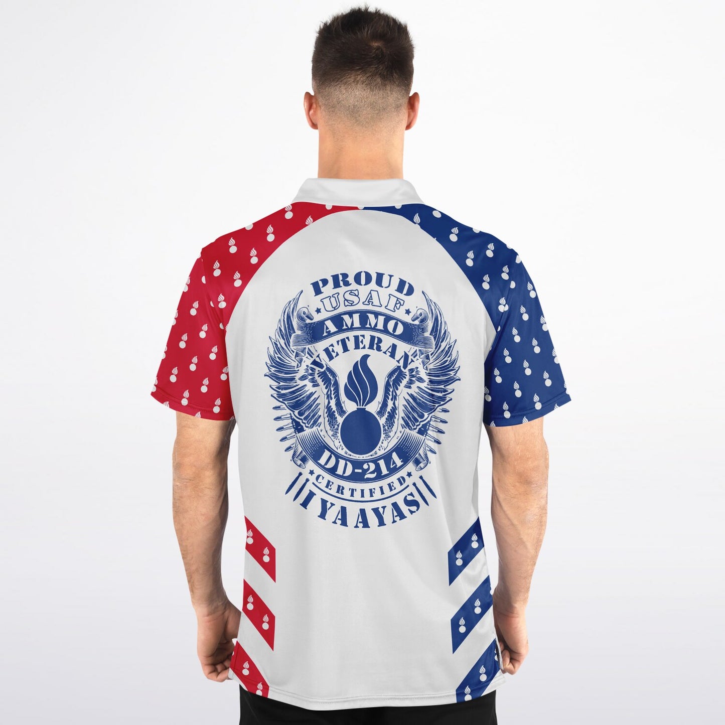 Proud USAF AMMO Veteran Pisspot Eagle Wings DD-214 Certified IYAAYAS Red White Blue Polo Shirt - All Over Print