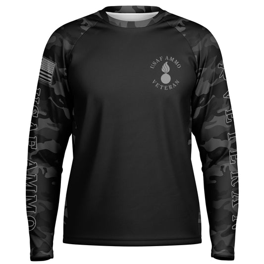 USAF AMMO Veteran Dark Grey and Black Camouflage Men's Long Sleeve Performance Shirt - All Over Print
