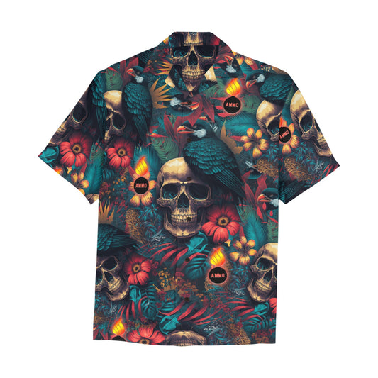 Skulls Birds Flowers Leaves and Glowing Pisspots Mens Hawaiian Shirt With Left Chest Pocket