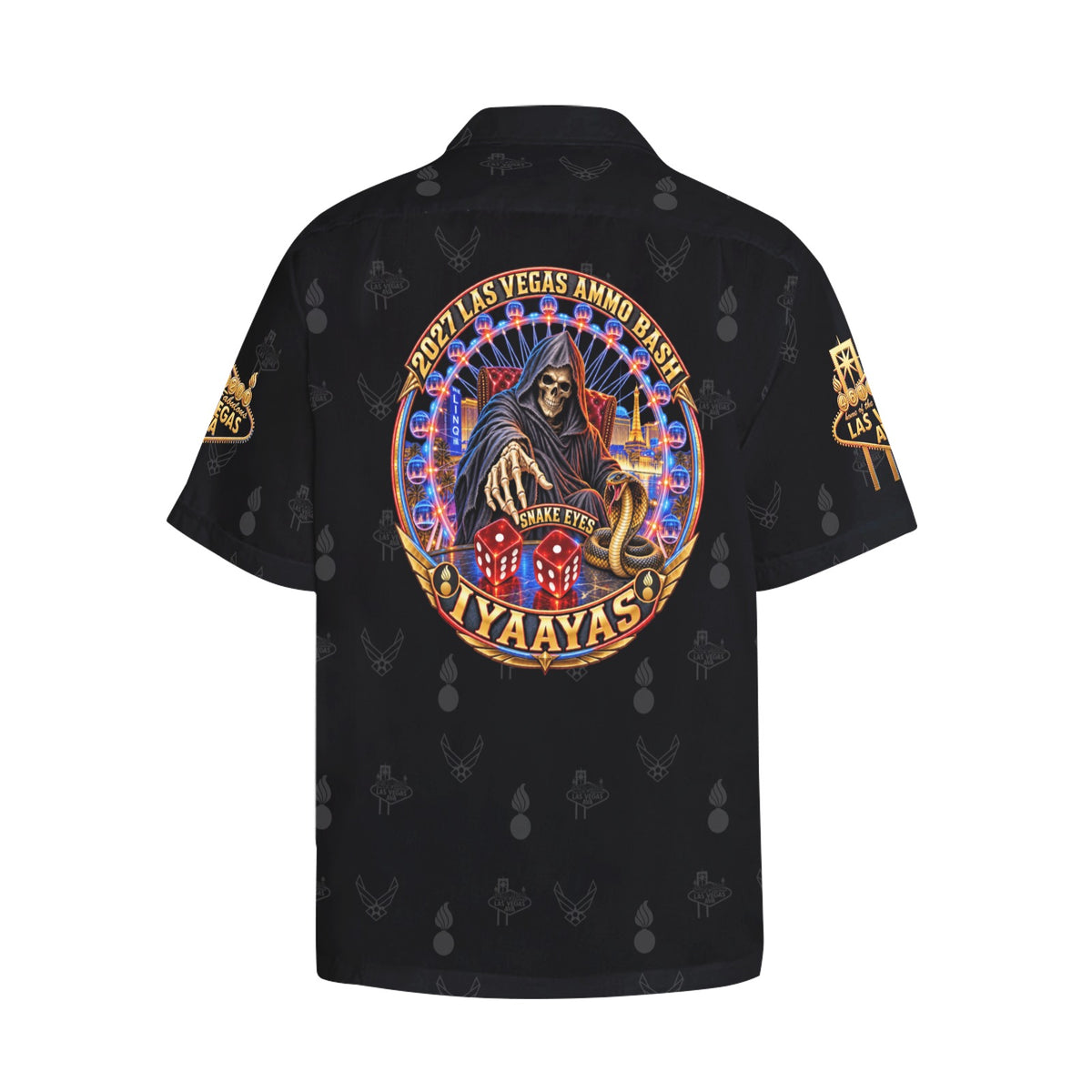 2027 AMMO Bash Las Vegas Grim Reaper Snake Eyes Black Full Color Logos Men’s Hawaiian Shirt with Left Chest Pocket