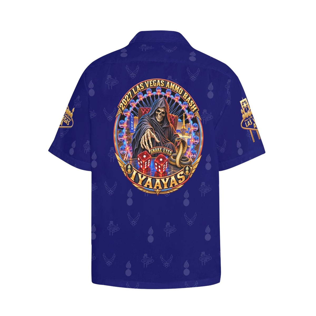 2027 AMMO Bash Las Vegas Grim Reaper Snake Eyes Navy Blue Full Color Logos Men’s Hawaiian Shirt with Left Chest Pocket