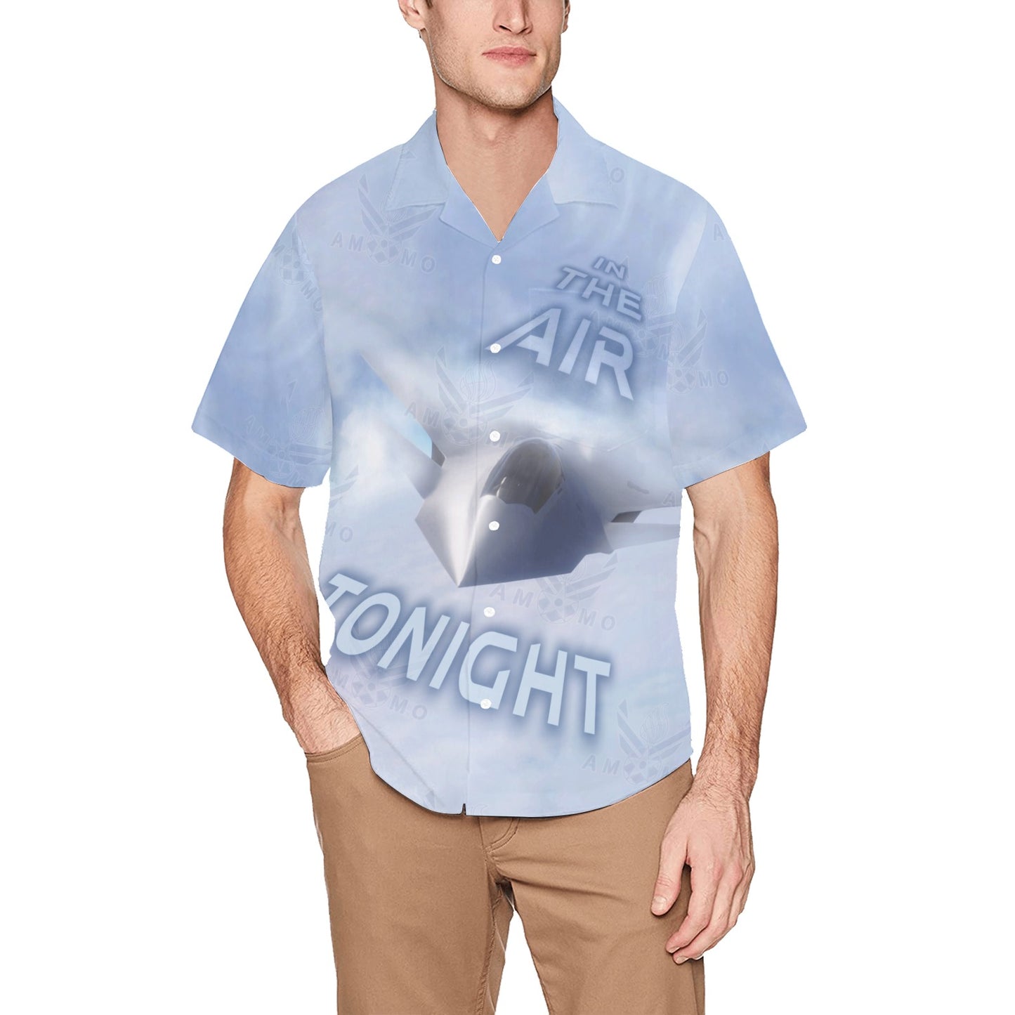 USAF AMMO F-47 Clouds In The Air Tonight Vector Logo Combined with Pisspots Mens Hawaiian Shirt With Left Chest Pocket