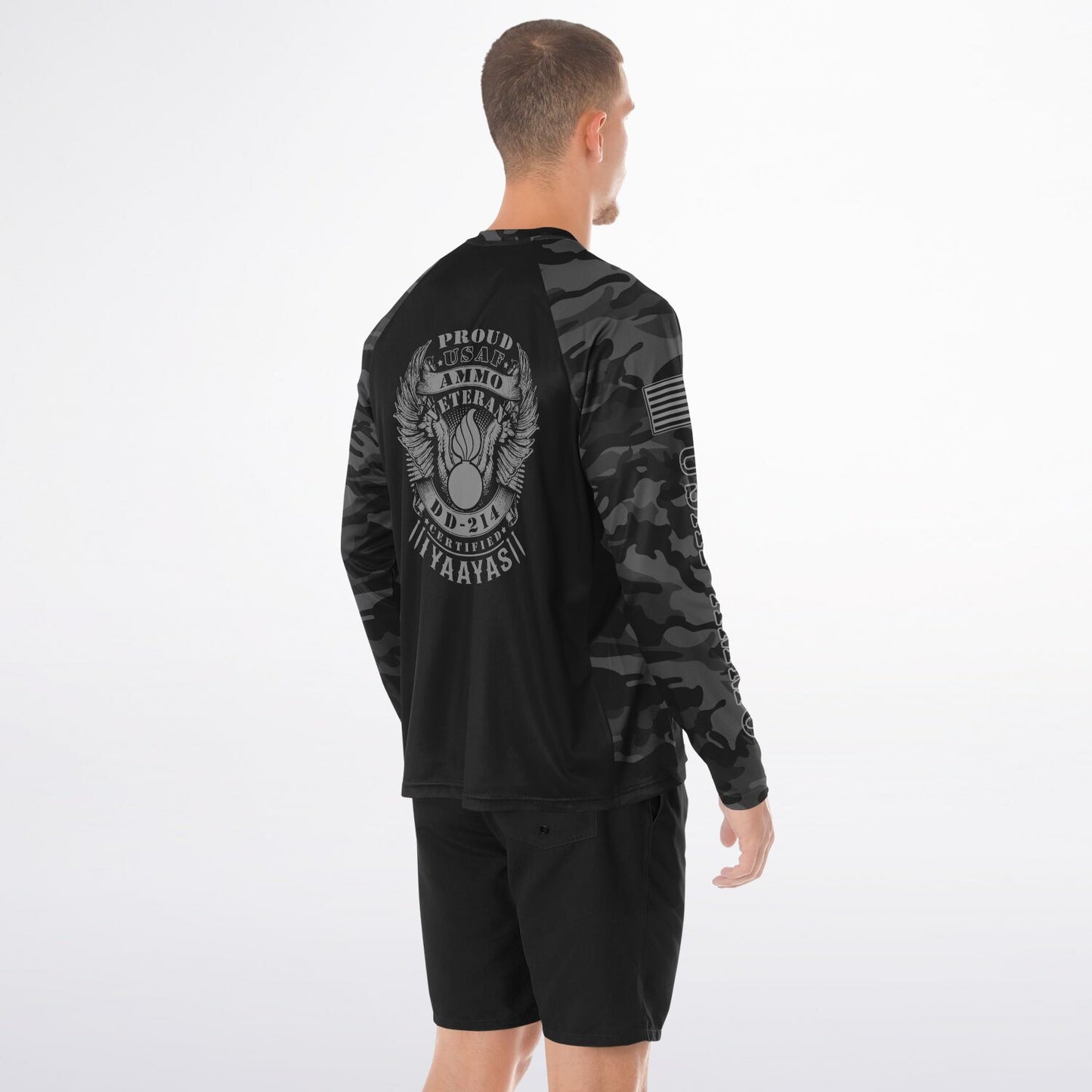 USAF AMMO Veteran Dark Grey and Black Camouflage Men's Long Sleeve Performance Shirt - All Over Print