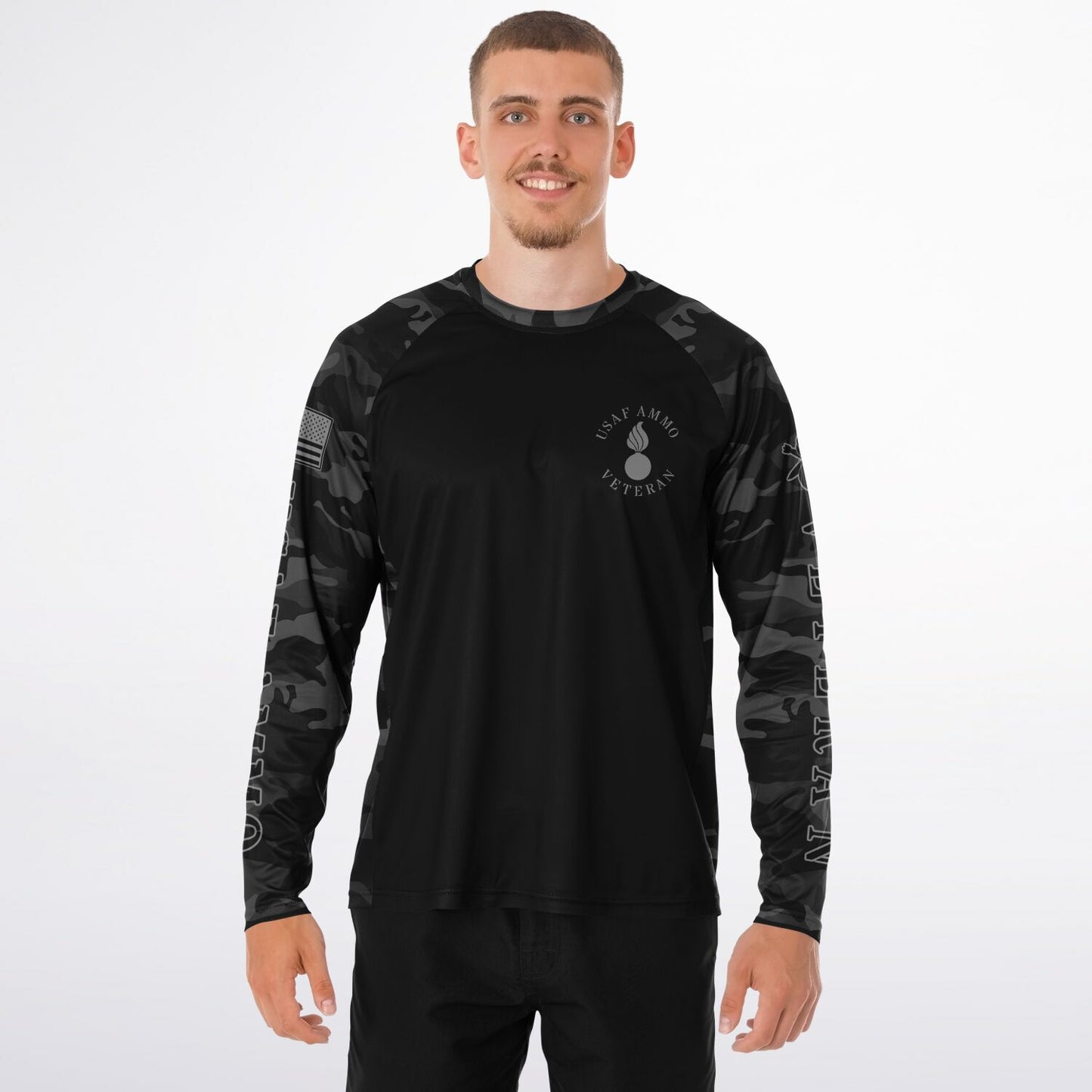 USAF AMMO Veteran Dark Grey and Black Camouflage Men's Long Sleeve Performance Shirt - All Over Print