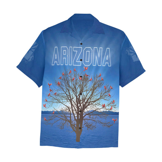 Blue Sky Arizona Sunrise with Mesquite Tree Full of Red Cardinals Hawaiian Shirt With Left Chest Pocket
