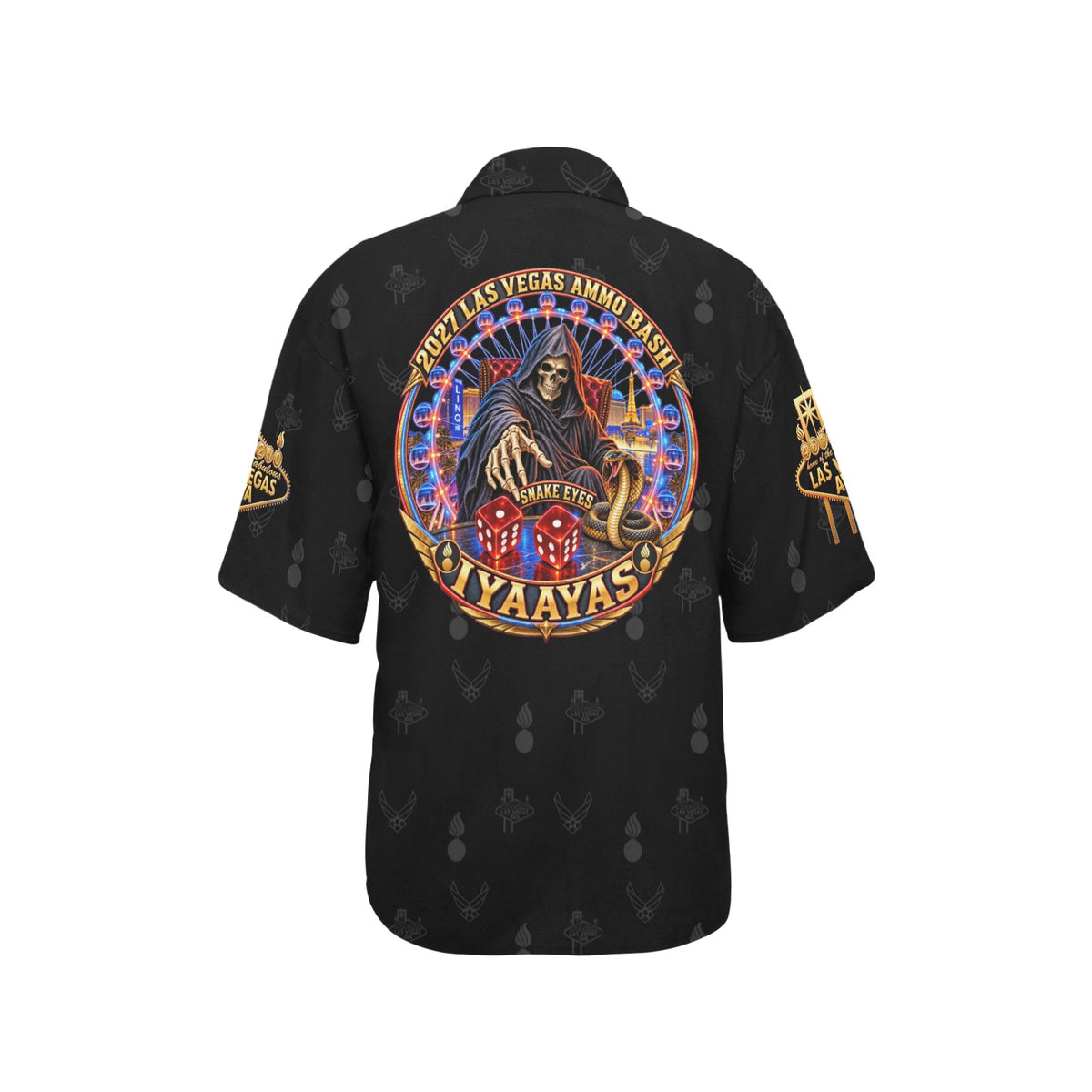 2027 AMMO Bash Las Vegas Grim Reaper Snake Eyes Black Full Color Logos Women’s Hawaiian Shirt with No Pocket