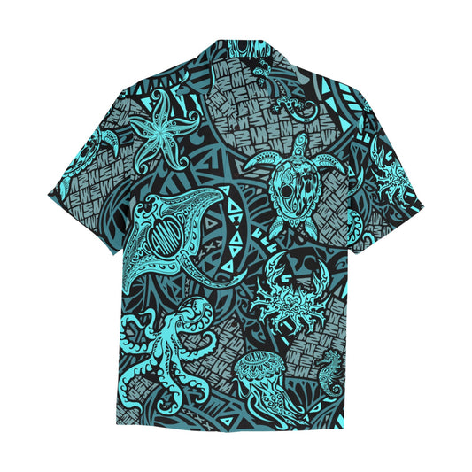 AMMO Stingray Sea Life Black and Teal Mens Hawaiian Shirt With Left Chest Pocket