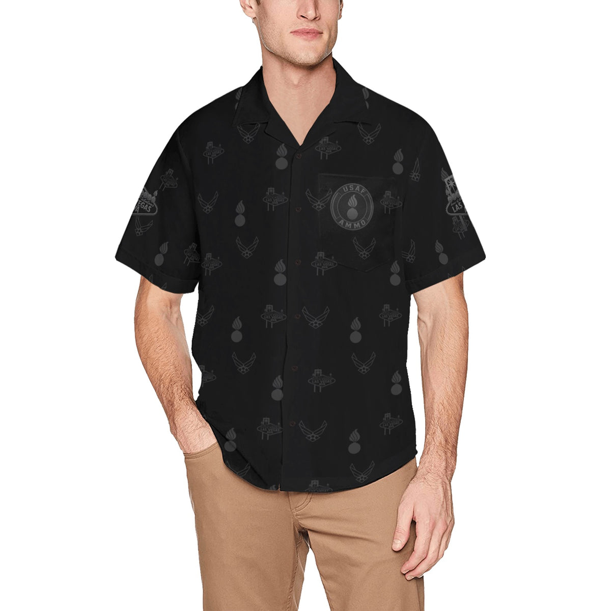 2027 AMMO Bash Las Vegas Grim Reaper Snake Eyes Black Subdued Logos Men’s Hawaiian Shirt with Left Chest Pocket